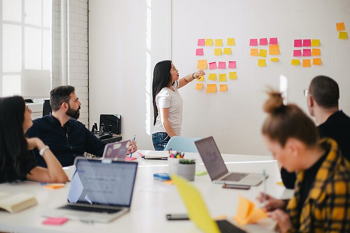 Eine Frau bringt Post-Its an einem Whiteboard an, ähnlich zu Kanban. An einem Tisch sitzen weitere Teilnehmende des Workshops oder Meetings.