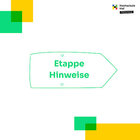 Titel der Etappe erscheint auf grünem Hintergrund im Corporate Design der Hochschule Hof: "Etappe Hinweise”